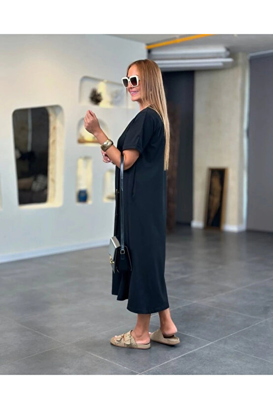 Kadın Kısa Kollu V Yakalı Cep Detaylı Uzun Viskon Iki Iplik Elbise