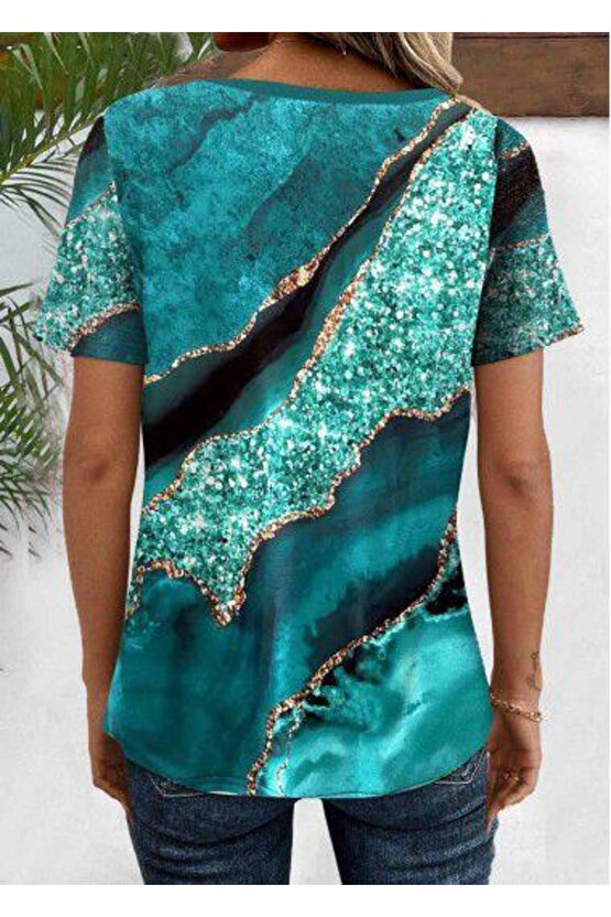 Kadın Kısa Kollu V Yakalı önden Düğmeli Baskılı Süprem Bluz