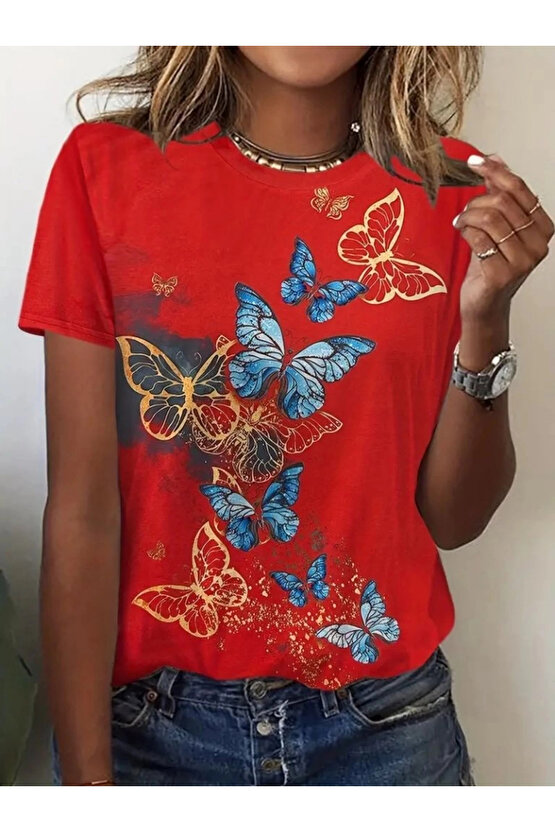 Kadın Kısa Kollu Mavi Sarı Kelebek Baskı Süprem Bluz