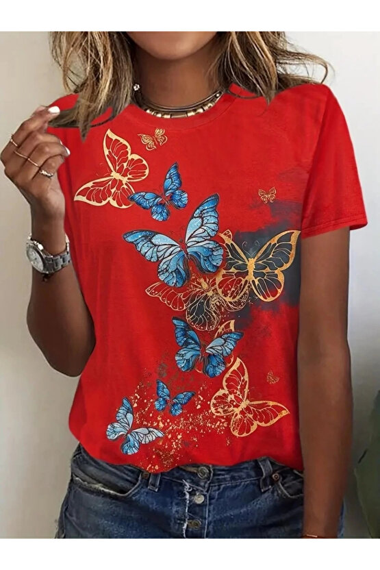 Kadın Kısa Kollu Mavi Sarı Kelebek Baskı Süprem Bluz