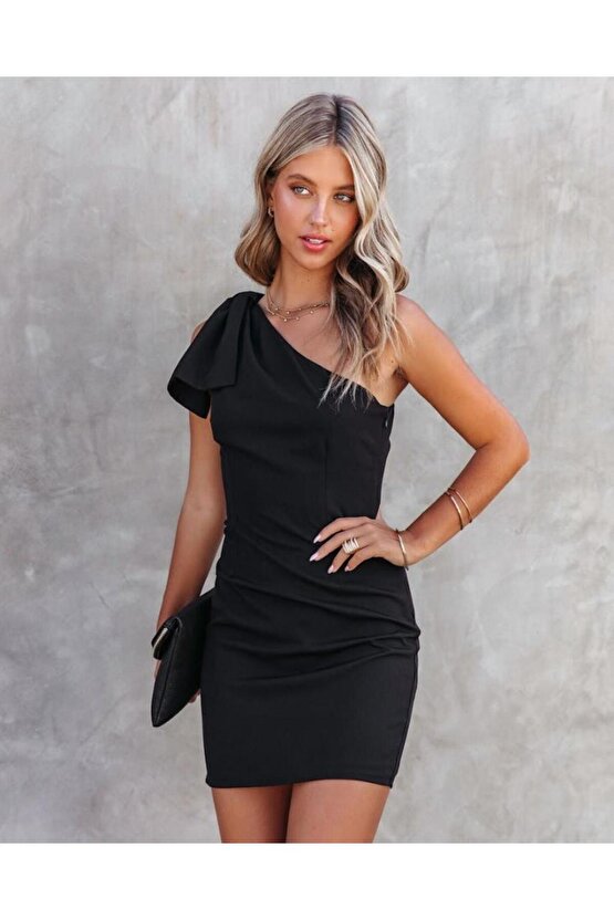 Kadın Tek Omuzu Açık Kelebek Detaylı Janjan Krep Elbise