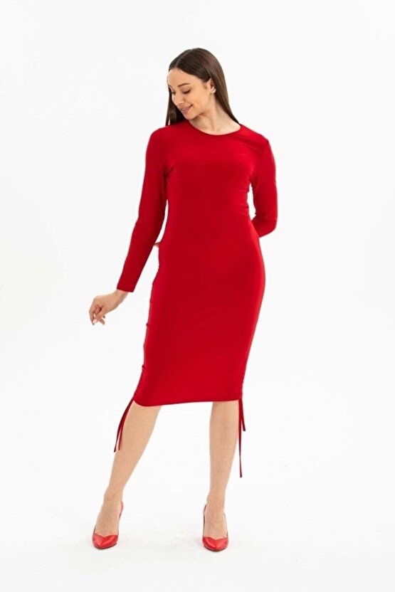 Kadın Uzun Kol Büzgü Detaylı Sandy Kumaş Ayarlanabilir Boy Fırsat Ürün Elbise