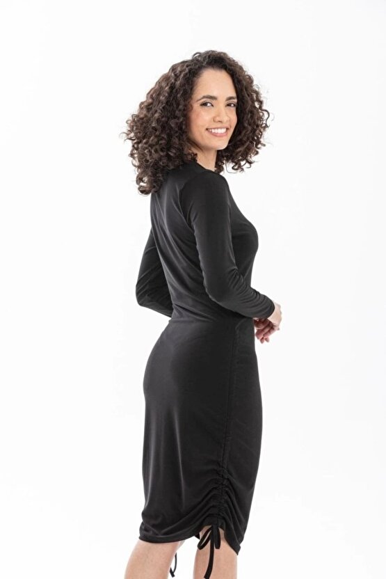 Kadın Uzun Kol Büzgü Detaylı Sandy Kumaş Ayarlanabilir Boy Fırsat Ürün Elbise