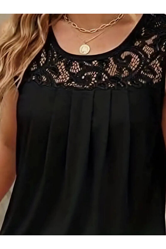 Kadın Askılı Yuvarlak Yaka Dantel Detaylı Viskon Bluz