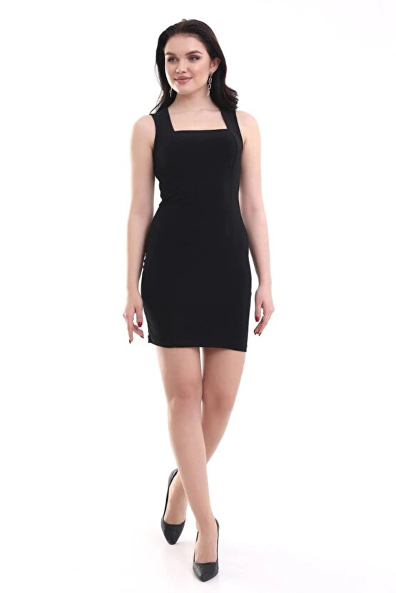 Kadın Kare Yaka Kolsuz Sandy Kumaş Fırsat Ürün Diz Üstü Elbise