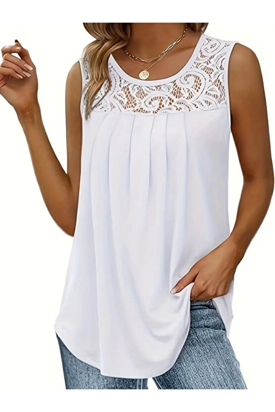 Kadın Askılı Yuvarlak Yaka Dantel Detaylı Viskon Bluz