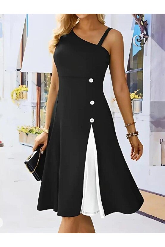 Kadın Tek Omuzu şerit Detaylı Sıfır Kol Yandan Düğme Detaylı Janjan Krep Elbise