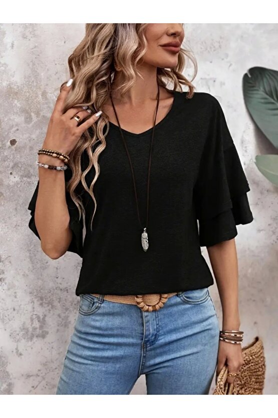 Kadın Kısa Kollu V Yakalı Viskon Bluz