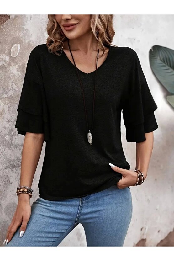 Kadın Kısa Kollu V Yakalı Viskon Bluz