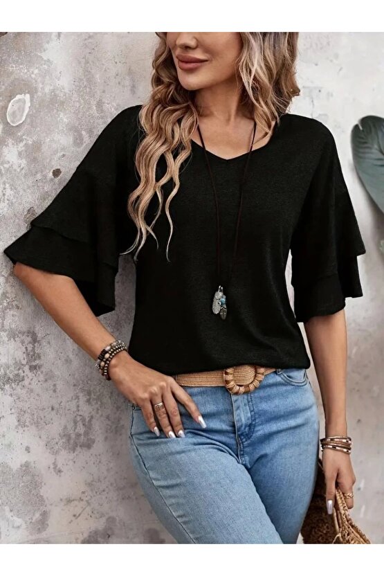 Kadın Kısa Kollu V Yakalı Viskon Bluz