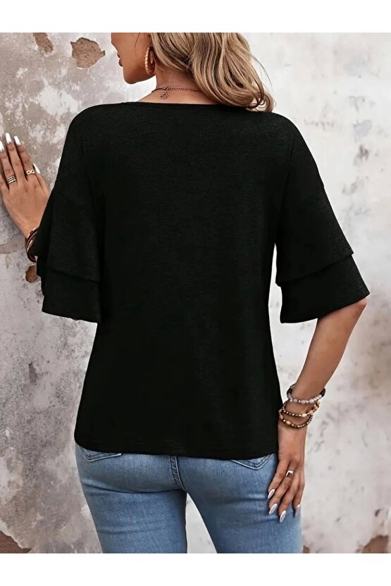 Kadın Kısa Kollu V Yakalı Viskon Bluz
