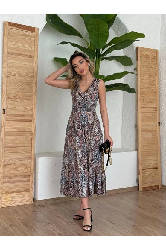 Kadın Beli Gipeli Etnik Desen Sıfır Kol Süprem Elbise