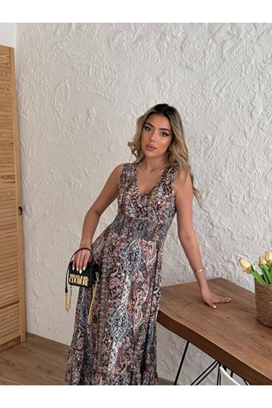 Kadın Beli Gipeli Etnik Desen Sıfır Kol Süprem Elbise
