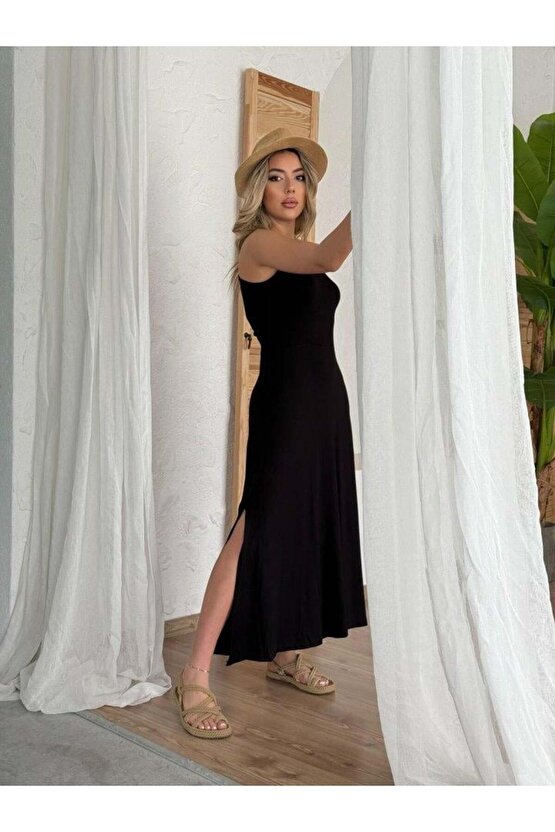 Kadın Arkadan çapraz Detay Yuvarlak Yaka Maksi Viskon Elbise