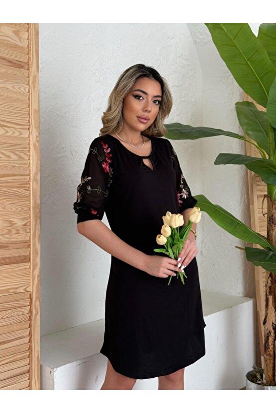 Kadın Truvakar Kol çiçek Desenli Tül Kol Bisiklet Yaka çiçek Desen Sandy Salaş Kısa Elbise