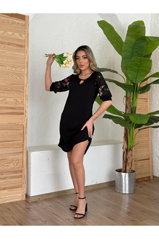 Kadın Truvakar Kol çiçek Desenli Tül Kol Bisiklet Yaka çiçek Desen Sandy Salaş Kısa Elbise