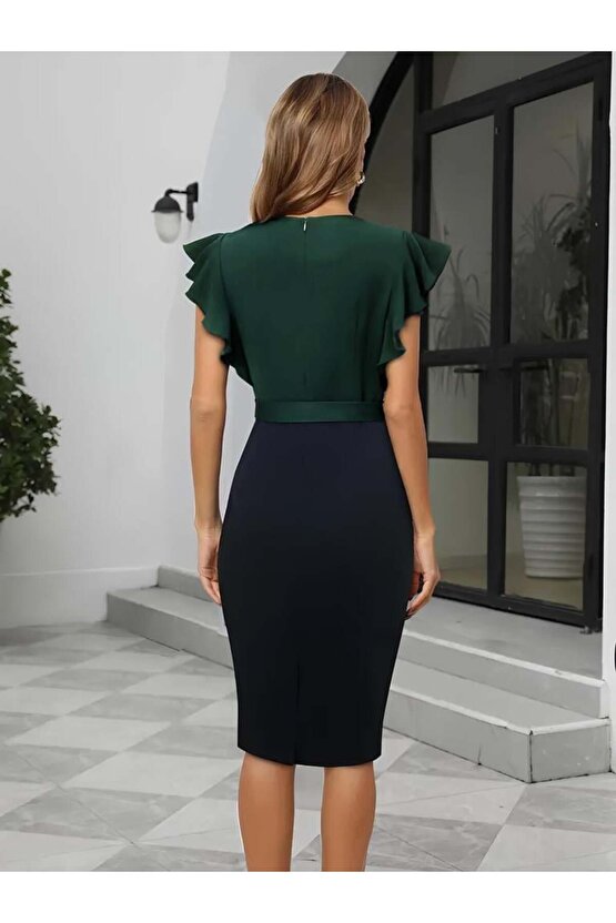 Kadın Kısa Kollu Kruvaze Yaka Beli Kuşaklı Blok Desenli Ithal Krep Elbise