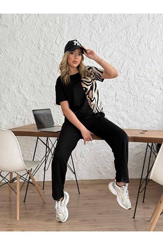 Kadın Bisiklet Yaka Kısa Kol Leopar Desen Bluz Ve Pantolon Ikili Takım