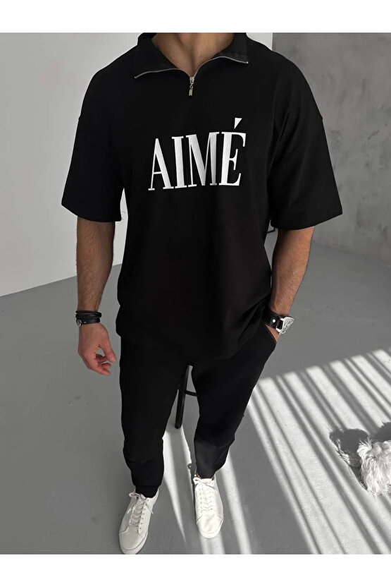 Unisex Yarım Fermuarlı Baskılı T-Shirt - Siyah