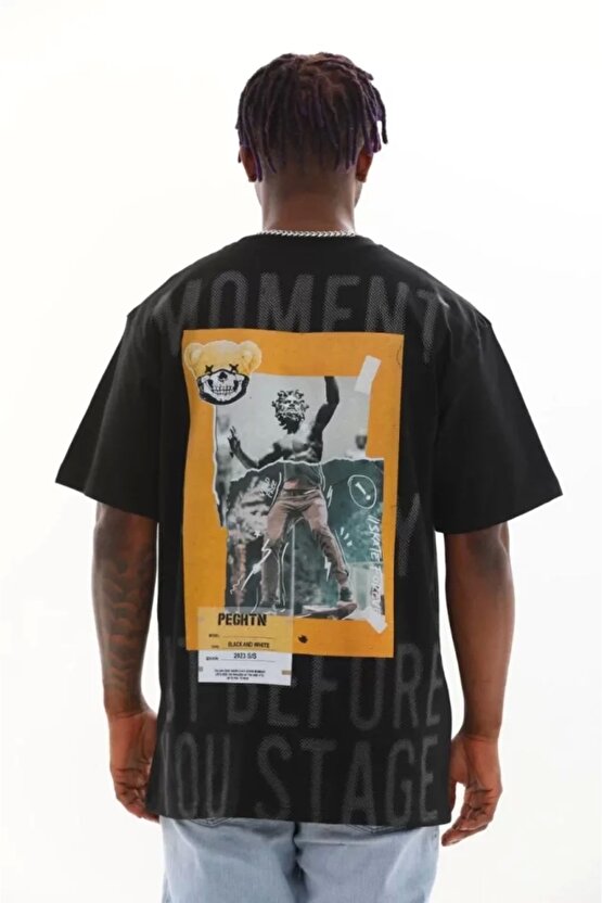 Unisex Baskılı Oversize T-Shirt - Siyah