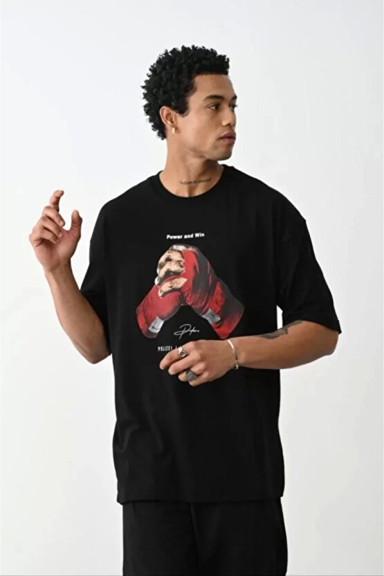 Unisex Baskılı Oversize T-Shirt - Siyah