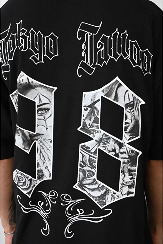 Unisex Baskılı Oversize T-Shirt - Siyah
