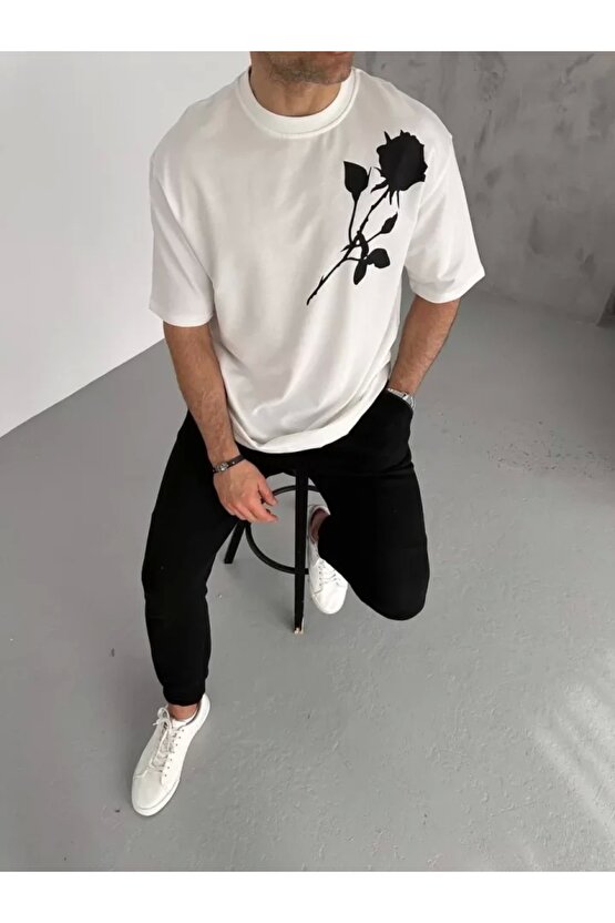 Unisex Bisiklet Yaka Baskılı Oversize T-Shirt - Beyaz