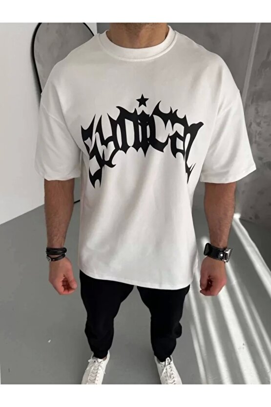 Unisex Bisiklet Yaka Baskılı Oversize T-Shirt - Beyaz