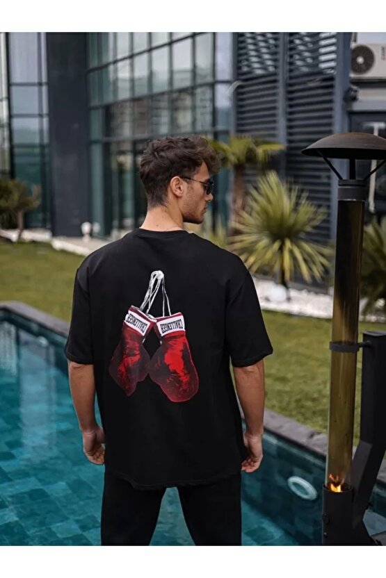 Unisex Bisiklet Yaka Baskılı Oversize T-Shirt - Siyah