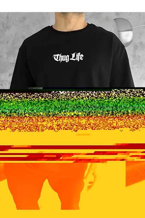 Unisex Bisiklet Yaka Baskılı Oversize T-Shirt - Siyah