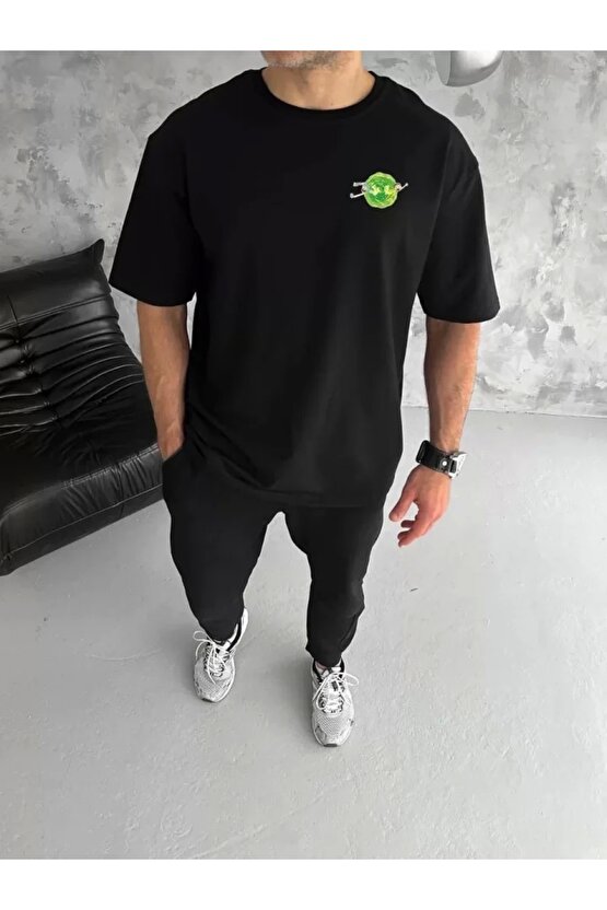 Unisex Bisiklet Yaka Baskılı Oversize T-Shirt - Siyah