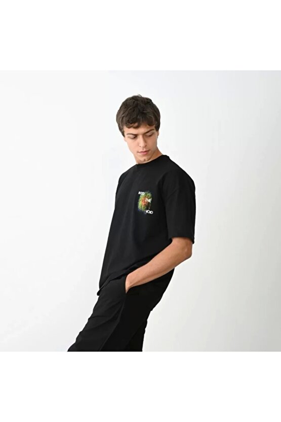 Unisex Bisiklet Yaka Baskılı Oversize T-Shirt - Siyah