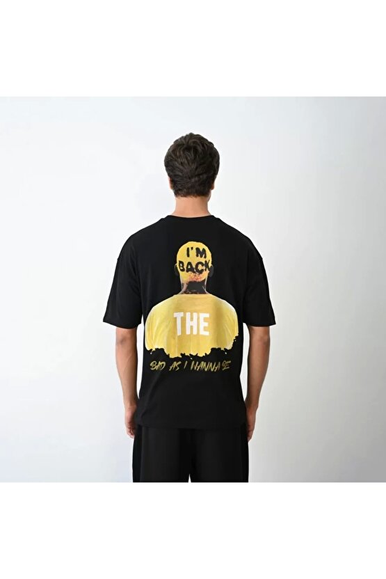 Unisex Bisiklet Yaka Baskılı Oversize T-Shirt - Siyah