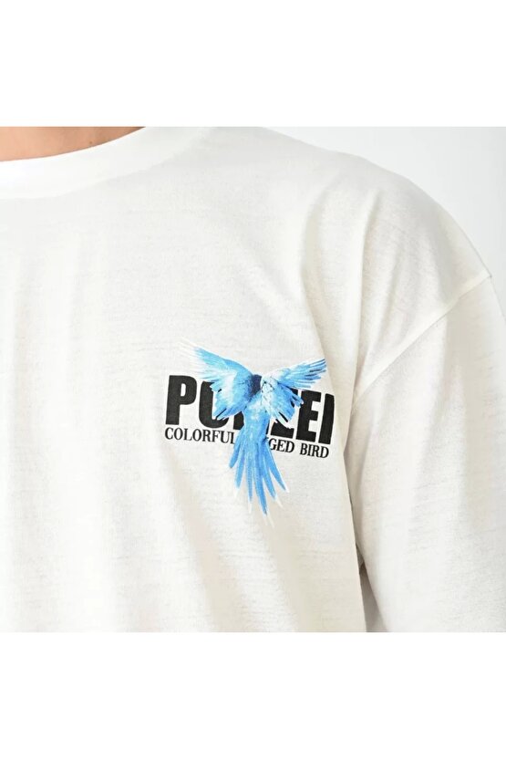 Unisex Bisiklet Yaka Baskılı Oversize T-Shirt - Beyaz