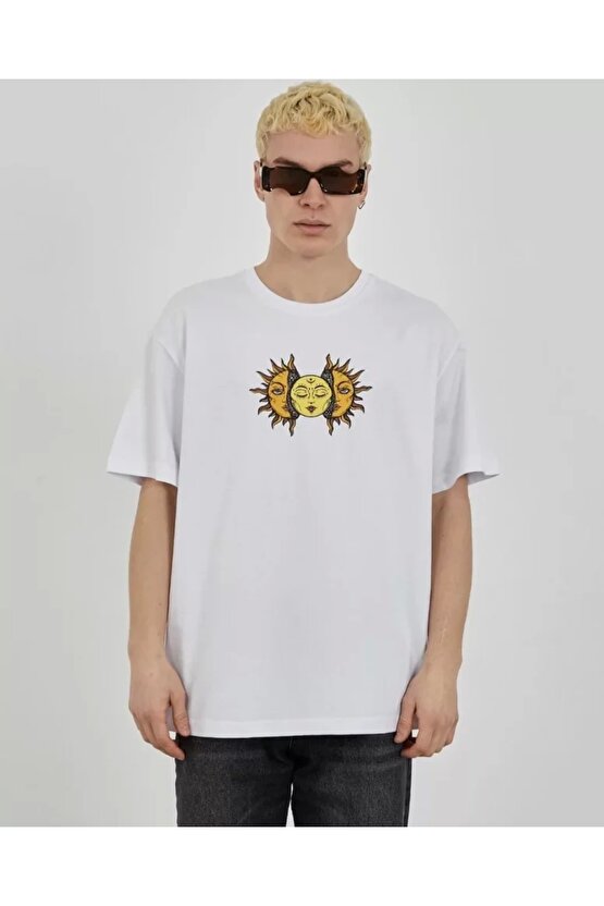 Unisex Bisiklet Yaka Baskılı Oversize T-Shirt - Beyaz