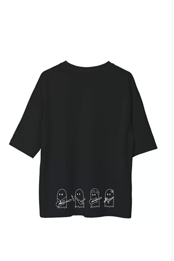 Unisex Bisiklet Yaka Baskılı Oversize T-Shirt - Siyah