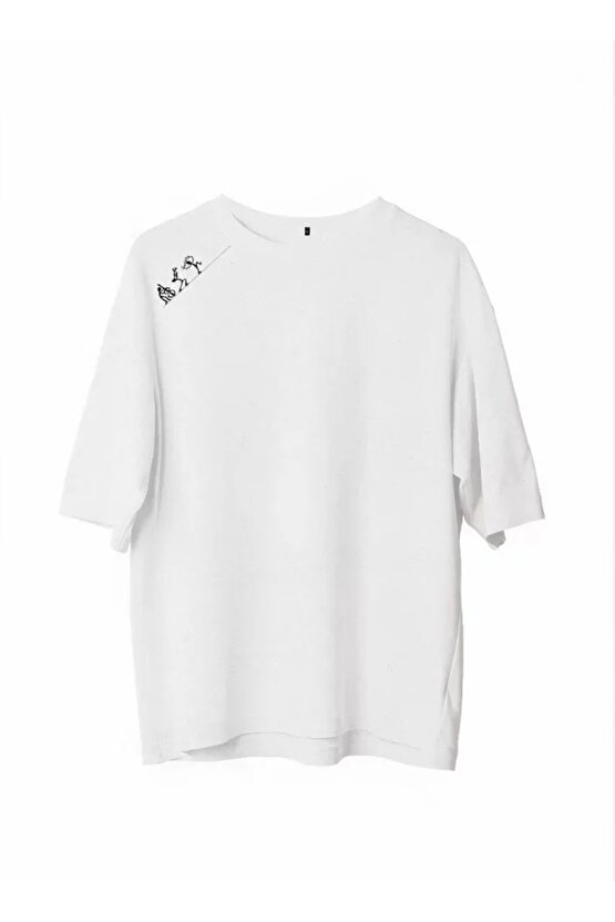 Unisex Bisiklet Yaka Baskılı Oversize T-Shirt - Beyaz