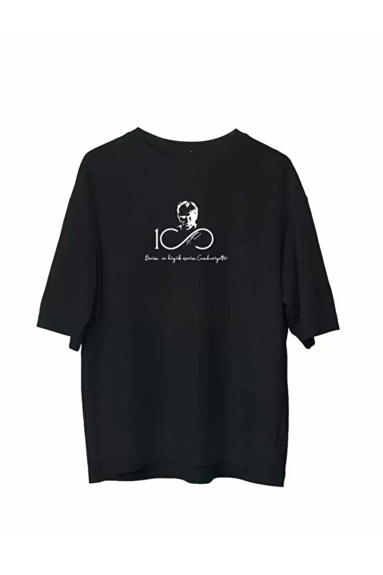 Unisex Bisiklet Yaka Baskılı Oversize T-Shirt - Siyah