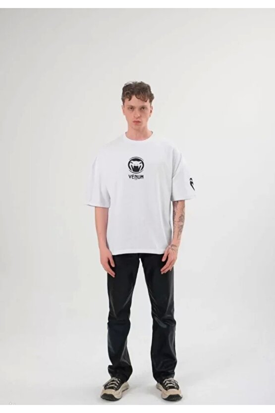 Unisex Bisiklet Yaka Baskılı Oversize T-Shirt - Beyaz
