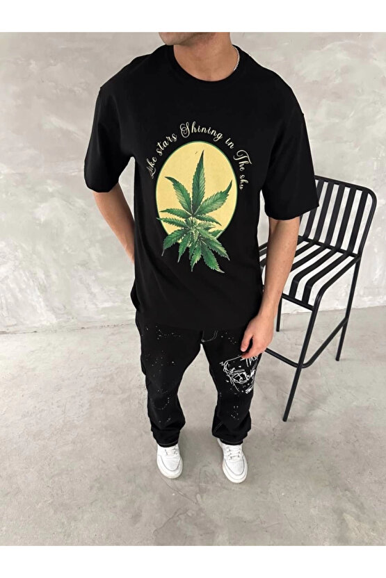 Ön Ve Arka Baskılı Oversize Bisiklet Yaka T-shirt- Siyah