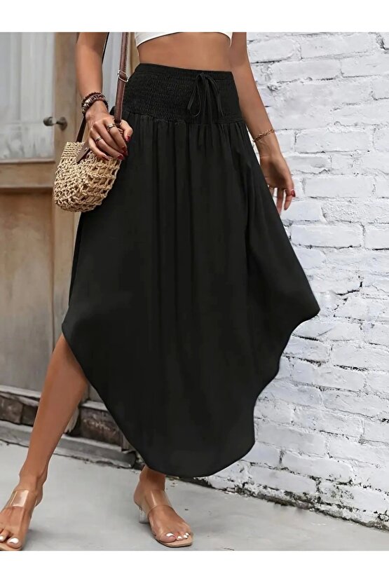 Kadın Yüksek Bel Belden Bağlamalı Asimetrik Kesim Detaylı Sandy Etek