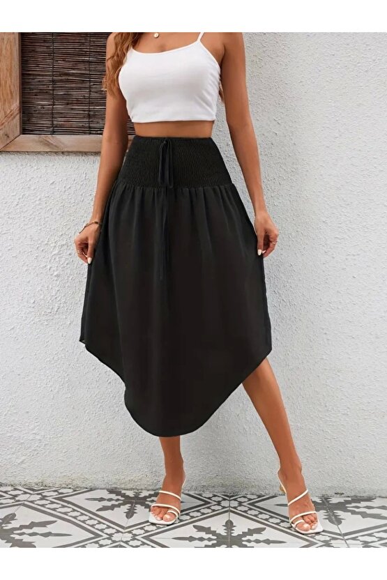 Kadın Yüksek Bel Belden Bağlamalı Asimetrik Kesim Detaylı Sandy Etek