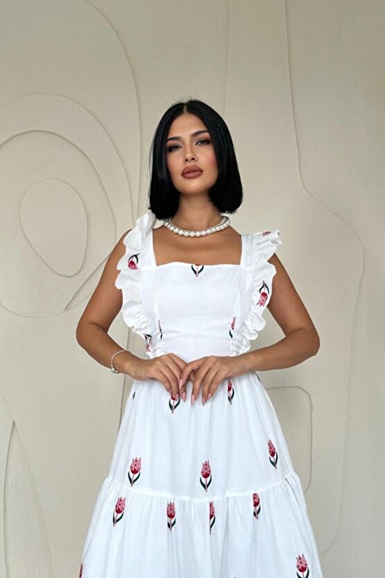 Kırmızı Sıfır Kol Fırfırlı Elbise