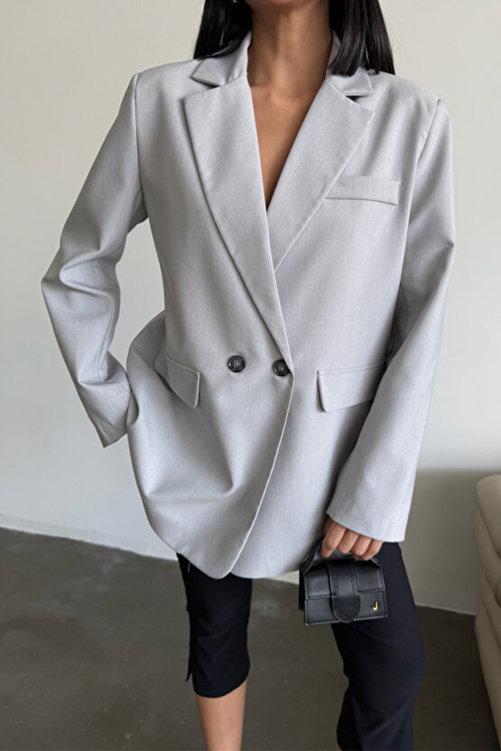 Gökyüzü Moda ARKASI YIRTMAÇ DETAYLI CEKET - Gri