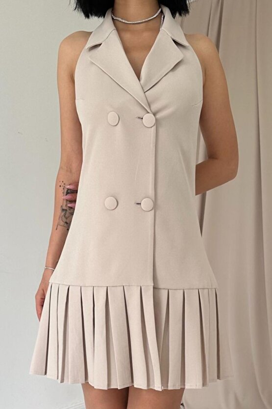 Bej Sırtı Açık Ceket Yakalı Elbise