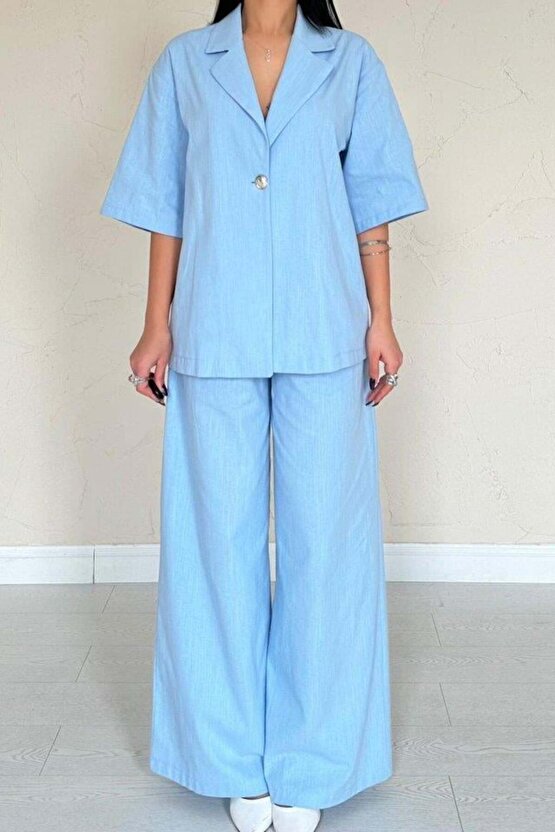 Mavi Önü Tek Düğmeli Ceket Pantolon Takım