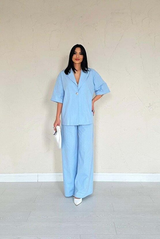 Mavi Önü Tek Düğmeli Ceket Pantolon Takım
