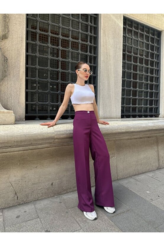 Yüksek Bel Palazzo Metal Düğme  Pantolon