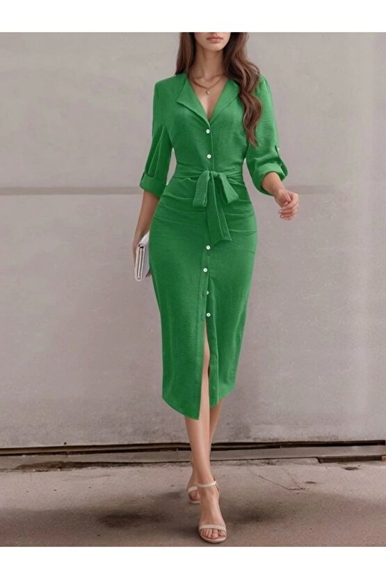 Kadın Uzun Kollu önden Düğmeli Beli Kuşaklı Aerobin Midi Elbise