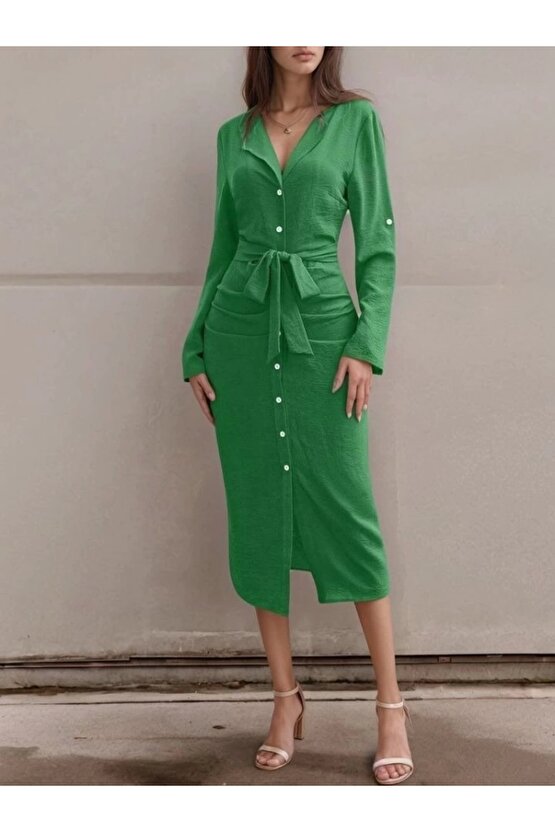 Kadın Uzun Kollu önden Düğmeli Beli Kuşaklı Aerobin Midi Elbise